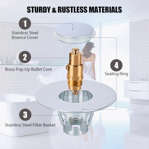 Three colors Bathroom Sink Stopper, 1.1-1.5" Bathroom Sink Drain Strainer, Universal WashBasin Pop Up Drain Stopper, Bounce Core Push Type Sink Plug, Anti-Clogging, Stainless Steel (Silver,1PCS) - Image 6