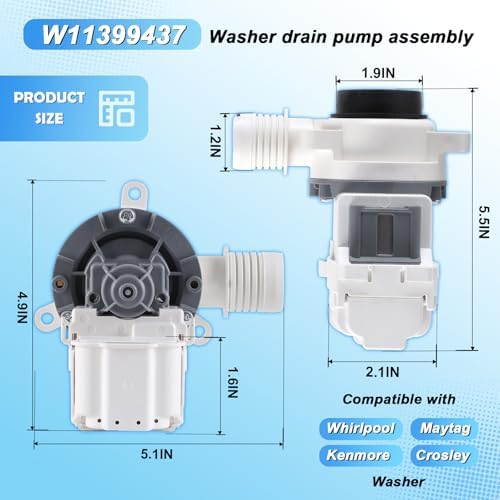W11399437 Washer Drain Pump Assembly Compatible with Whirlpool Maytag Kenmore Crosley Washing Machine, Replacement PartPD00058225 W11259498 4961028 AP6974144 PS12731241 EAP12731241 - Image 2