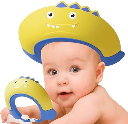 Thcbme Baby Shower Cap Shield, Shower Cap for Kids, Visor Hat for Eye and Ear Protection for 0-9 Years Old Children,Cute Dinosaur shape Makes the Baby Bath More Fun… (Yellow) by Thcbme