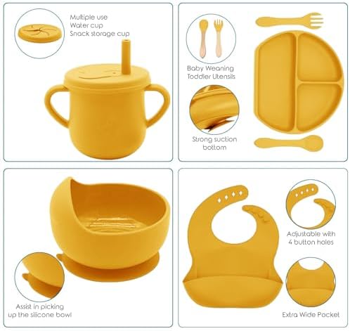 100% Silicone baby feeding set,BPA free Baby dishes set with Suction Bowl Divided Plate,Toddler Self Feeding Dish Set with Spoons Forks Sippy Cup And Bib, Baby Eating Utensils (Pumpkin) - Image 4