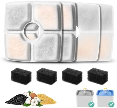 4 Pack Replacement Filters & Pre-Filter Sponges for 84oz/2.5L Automatic Pet Fountain, BFLICROY Cat Water Fountain Filter, Triple Filtration Pet Fountain Replacement Filters by BFLICROY