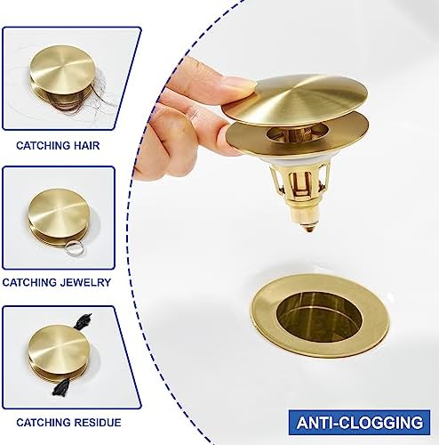 Universal Bathroom Sink Stopper - Pop Up Sink Drain Stopper, Push Button Flixfilter Sink Drain Stopper Replacement, Wash Basin Drain Filter Plug Anti-Clogging Basket, Brushed Gold - Image 6