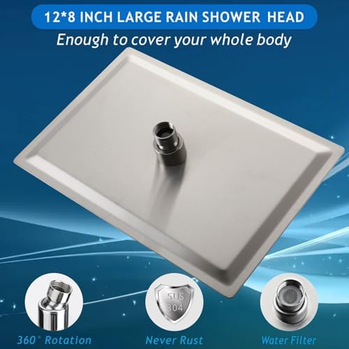 Voolan Rain Shower Head - High Flow Large Rainfall Shower Heads Made of Stainless Steel - Waterfall Bathroom Square Showerhead - Ceiling or Wall Mount (12 * 8 Inch Rectangle, Brushed Nickel) - Image 2