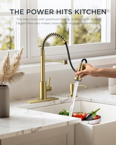 FORIOUS Gold Kitchen Sink Faucet, Pull Down Sprayer, Classic High Arc - Image 4