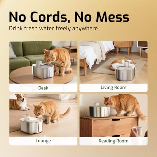 Wireless Cat Water Fountain Stainless Steel,135floz/4L Battery Operated Automatic Pet Fountain,Cordless Cat Water Dispenser Pet Drinking Water Fountain for Multicat Cats Dog Outdoor - Image 2