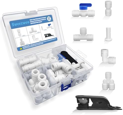 Water Tube Fittings Kit, 3/8" OD Quick Connect Push to Connect Fittings for RO/DI Water Filter System (Ball Valve+ T+ I+ L+ Y+ Professional Tubing Cutter, 32Pcs) by Sweezwon