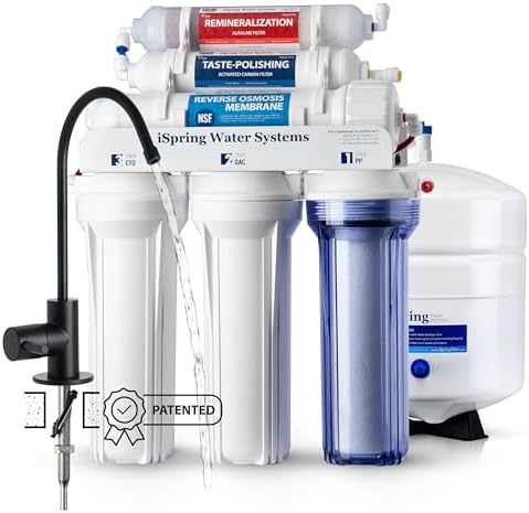 iSpring RCC7AK-BLK, NSF/ANSI 58 Certified, Alkaline 6-Stage Reverse Osmosis System with Stylish Black RO Faucet, pH+ Remineralization RO Water Filter System Under Sink by iSpring