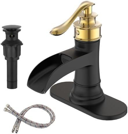 BWE Solid Bass Waterfall Bathroom Sink Faucet, Black & Gold for Farmhouse by BWE