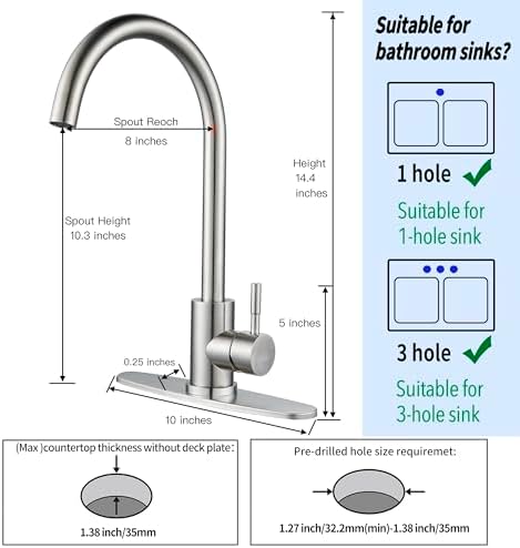 Single Handle High Arc Brushed Nickel Kitchen Faucet Stainless Steel Commercial Single Hole Kitchen Sink Faucet, Modern One Hole Bar Sink Faucet with Deck Plate - Image 5
