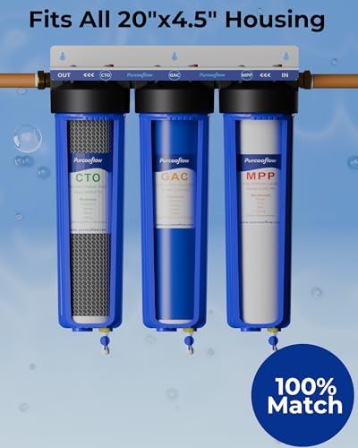3-Stage Whole House Water Filter System, 20x4.5 Inch, Dual Carbon (GAC & CTO) for Max Chlorine & Odor Reduction, 1" NPT Brass Ports, Drain Valves & Install Kit - Image 4