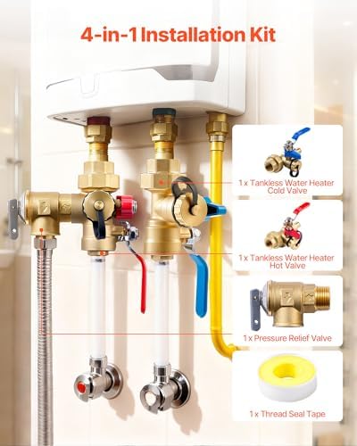 VEVOR Water Heater Kit, 3/4 Inch Tankless Water Heater Service Valve Kit with 2PCS 3/4″ NPT to 3/4″ PEX-B Isolation Valves, Pressure Relief Valve, Lead-Free Brass, Fits Most Tankless Waters Heaters - Image 2