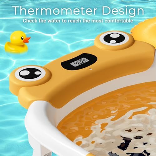 BUNWAG Baby Bathtub, Collapsible Newborn Bathtub for Infant to Toddler with Soft Cushion and Thermometer,Portable Travel Newborn Tub with No-Slip Feet, Baby Shower Gifts, 0-12 Months Baby Bath, Yellow - Image 4