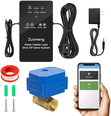 WiFi Water Leak Detector with Automatic Shutoff Valve，Zuomeng Smart Water Heater Remote Stop Device with Leak Sensor, Leakage Alert Push, 3/4" NPT 150PSI Brass Valve, Get Rid of Water Leakage by Zuomeng