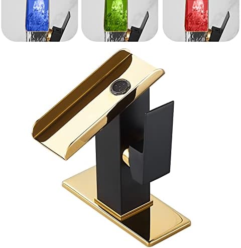 One Hole Bathroom Faucets LED Waterfall Spout Black and Gold RGB 3 Colors Light Changing Temperature Lavatory Vanity Sink Faucet Brass Single Handle Modern Washbasin Bath Tap Commercial Residential by Chiczam