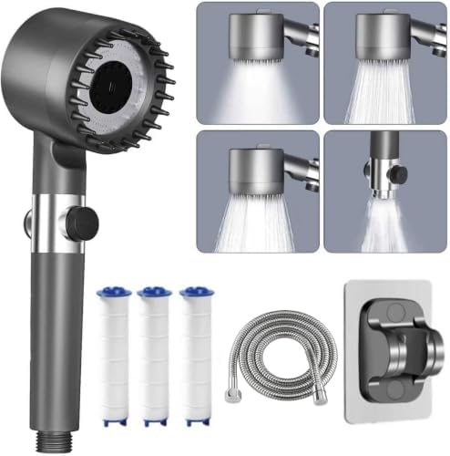 Shower Head, Shower Head High Pressure, Showerhead with Handheld and 3 Filters, 4 Spray Modes & Pause Switch, Silicone Scalp Massager, 59" Hose & Bracket for Hard Water & Pets by Unknown