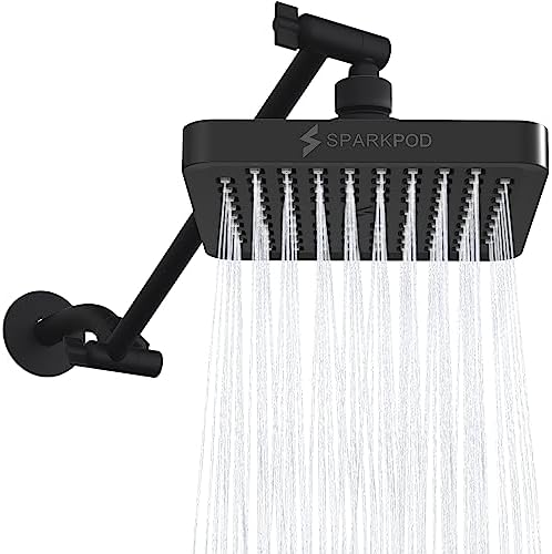 SparkPod Square Rain Shower Head with Extension Arm - Height Adjustable Shower Head with High Pressure Performance - Easy 1-Minute Installation (6" Square, Midnight Black Matte) by SparkPod