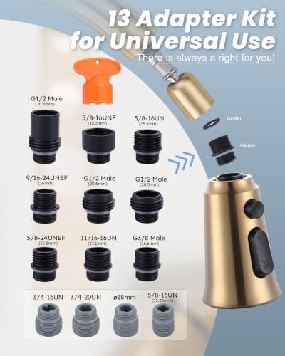 WOWOW Kitchen Faucet Head Replacement, 3 Function Pull Down Faucet Sprayer Head with 13 Adapters, Brushed Gold Kitchen Sprayer Nozzle Compatible with Moen, Delta, Kohler Faucets - Image 3