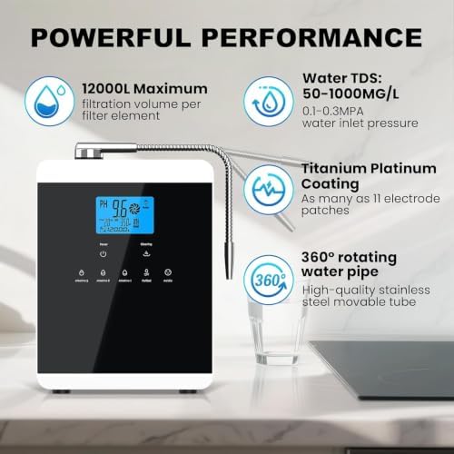 Alkaline Water Ionizer Machine, 3 Replacement Water Filters, 11 Titanium Plates, PH 3.5-10.5 for Alkaline & Acidic Water, Self-Cleaning, Up to - 600mV ORP, 10000 Liters Per Filter, for Home Use - Image 3