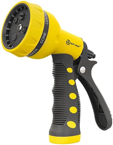 AUTOMAN-Garden-Hose-Nozzle,ABS Water Spray Nozzle with Heavy Duty 7 Adjustable Watering Patterns,Slip Resistant for Watering Plants,Lawn& Garden,Washing Cars,Cleaning,Showering Pets - Yellow by AUTOMAN