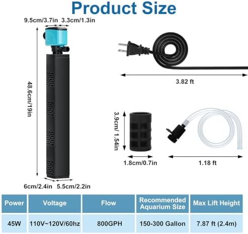 DaToo Aquarium Filter 150-300Gallon Fish Tank Filter 800GPH Powerful Pump For Aquariums Adjustable Air Flow Submersible Internal Aquarium Filters For Pond Wavemaker Air Supply Freshwater And Saltwater - Image 2