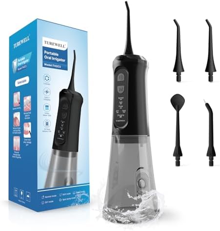 TUREWELL Water Dental Flosser for Teeth/Braces, 310 ML Portable Cordless Oral Irrigator with 5 Modes, IPX7 Waterproof Electric Water Flossing with 4 Replacement Jet Tips for Travel and Home, Black by TUREWELL