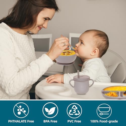100% Silicone Baby Feeding Set, BPA Free, 9 Pcs: Suction Bowl, Divided Plate, Toddler Self Feeding Dish Set with Spoons, Forks, Sippy Cup, Bib, Beige - Image 5