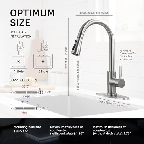 WEWE Pull-Down Kitchen Faucet, 3-Mode Sprayer, Brushed Nickel, 2 Set - Image 2