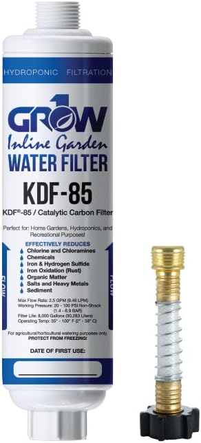 Grow1 Inline KDF-85 Water Filter, Garden Hose Filter for Plants, RV's, Pools, Car Washing & Window Cleaning – Removes Chlorine, Chloramines, Organic Material, Hydrogen Sulfide, Iron, & Heavy Metals by Grow1