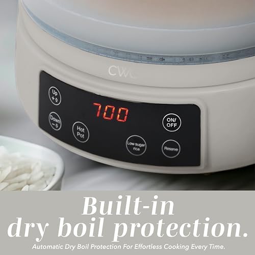 COOK WITH COLOR Glass Mini Low Carb Rice Cooker – Holds 2 Cups Raw/Makes 6 Cups Cooked with Auto Lift Filter Basket, Hotpot & Steamer for Rice, Grains, Digital Panel with Keep Warm, Cream - Image 4