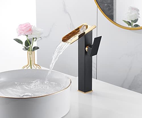 Bathroom Vessel Sink Faucet Black Gold Tall Spout Brass Waterfall Single Handle One Hole Bathroom Faucets Vanity Lavatory Bowl Sink Commercial Basin Water Supply Line Above Counter - Image 3