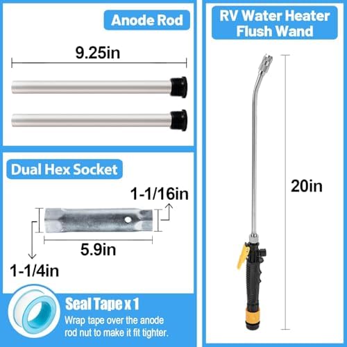 PAMASE 5Pcs RV Water Heater Anode Rod & Flush Wand & Element Socket Set - 9.25"L x 3/4"NPT Thread Magnesium Rod for Suburban, Mor-Flo, with Dual Hex Wrench, Camper Hot Water Tank Cleaning Rinser - Image 5
