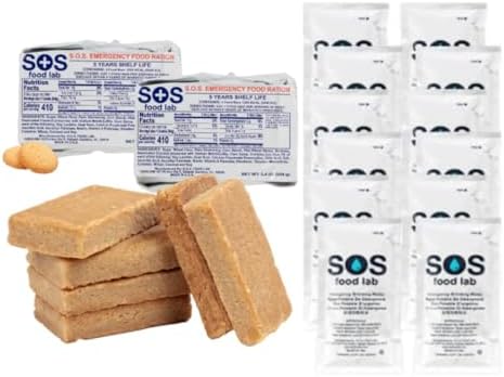 SOS Food Lab Emergency Provision Value Pack- 2 Food Ration 1200 Calorie Bars (Shortbread Cookie) PLUS 12 Water Pouches - Ready to Eat Supply for Camping, Hiking, Disaster Preparedness- 5 Yr Shelf life by SOS