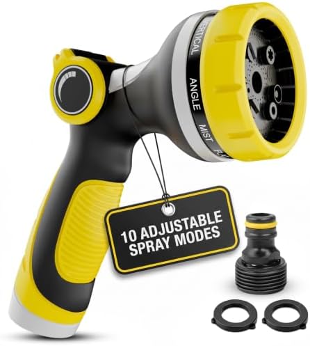 Garden Hose Nozzle, 10 Spray Patterns, Thumb Flow Control, Yellow by VIKROM