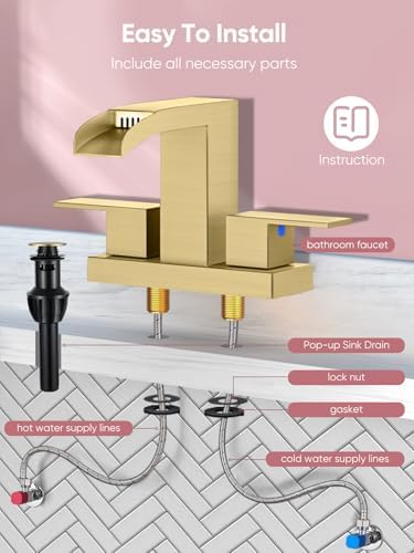 Cobbe Waterfall Bathroom Faucet, Brushed Gold 4 Inch Centerset 2 Pack - Image 6