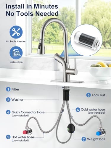 Cobbe Kitchen Faucet with Water Filter, Pull Down Sprayer, Brushed Nickel Stainless Steel Kitchen Sink Faucet with Built-in Filter for Drinking Water, Reduces Chlorine & Lead, NSF Certified - Image 6