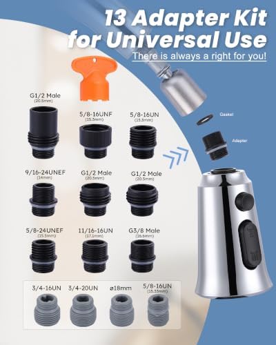 WOWOW Kitchen Faucet Head Replacement, 3 Function Pull Down Faucet Sprayer Head with 13 Adapters, Chrome Kitchen Sprayer Nozzle Compatible with Moen, Delta, Kohler Faucets - Image 3