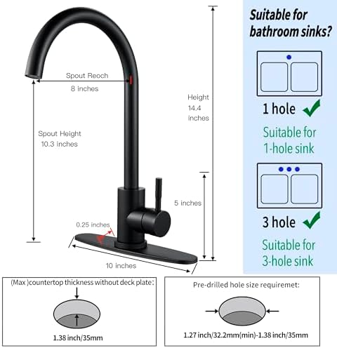 Single Handle High Arc Matte Black Kitchen Faucet Stainless Steel Commercial Single Hole Kitchen Sink Faucet, Modern One Hole Bar Sink Faucet with Deck Plate - Image 6