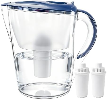 Water Filter Pitcher with 2 Replacement Filters, BPA-Free Water Filtration Pitcher, Space-Saving Design for Refrigerator, Flip-Top Lid, Easy-Pour Handle, Improves Tap Water Taste by Pocicoll