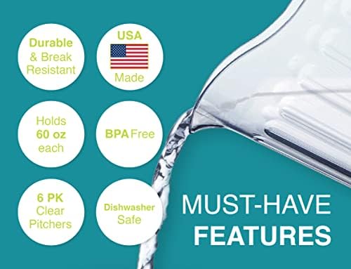 Arrow Clear Plastic Pitcher, 60 oz - 6 pk - Stackable Space-Saving Design - Dishwasher Safe - Ideal for Water, Beer & Juice - BPA Free - Made in USA - Image 3