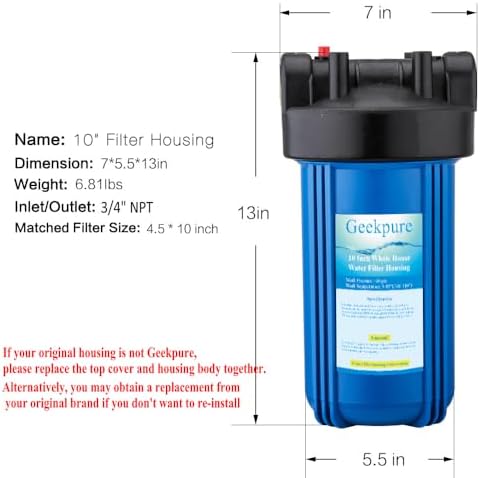 Geekpure 10-Inch Whole House Water Filter Housing with Wrench and Bracket-4.5 x 10 Inch-3/4-Inch Port - Image 5