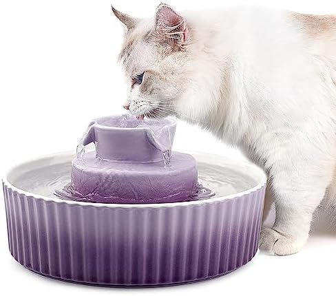 Ceramic Cat Water Fountain, Pet Ceramic Water Fountain, 2.1 L Drinking Fountains Bowl for Cats and Dogs with Replacement Filters and Foam(Purple) by TheBestPetConsultant