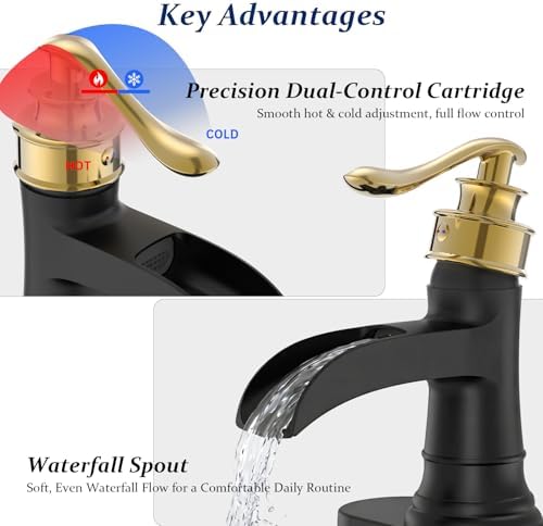 BWE Solid Bass Waterfall Bathroom Sink Faucet, Black & Gold for Farmhouse - Image 5