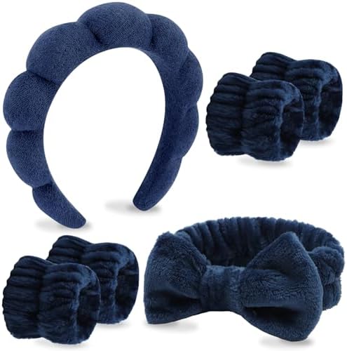 VELSCRUN Spa Headband, Makeup Face Wash Skincare Headbands, 6 Pcs Dark Blue Sponge Bow Tie Get Ready HairBand Facial Wristband Set, Stuff for Teen Girls Women Trendy Fashion Hair Accessories by VELSCRUN