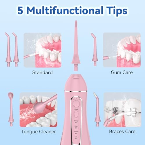Cordless Portable Water Flosser with 300ML Tank: Rechargeable Oral Irrigator with 5 Tips for Travel, Braces Care and Sensitive Gums, IPX7 Waterproof Teeth Cleaning Device(Pink) - Image 4