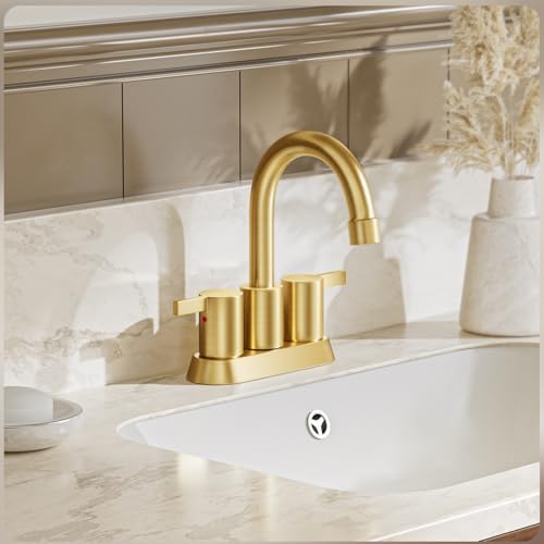 Brushed Gold 4 Inch 2 Handle Centerset Lead-Free Bathroom Faucet, Swivel Spout with Copper Pop Up Drain and 2 Water Supply Lines, BF015-1-BG - Image 2