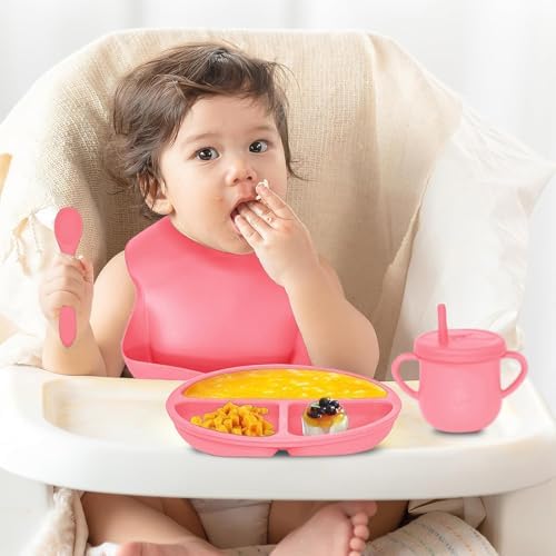100% Silicone baby feeding set,BPA free Baby dishes set with Suction Bowl Divided Plate,Toddler Self Feeding Dish Set with Spoons Forks Sippy Cup And Bib, Baby Eating Utensils (Hot Pink) - Image 2