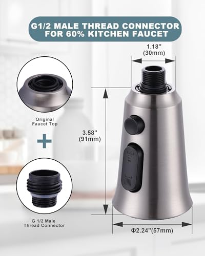 WOWOW Kitchen Faucet Head Replacement, 3 Function Pull Down Faucet Sprayer Head with 13 Adapters, Brushed Nickel Kitchen Sprayer Nozzle Compatible with Moen, Delta, Kohler Faucets - Image 5