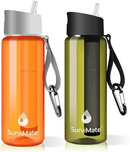 SurviMate Purified Water Bottle for Camping, Hiking, Backpacking and Travel, BPA Free with 5-Stage Intergrated Filter Straw by SurviMate