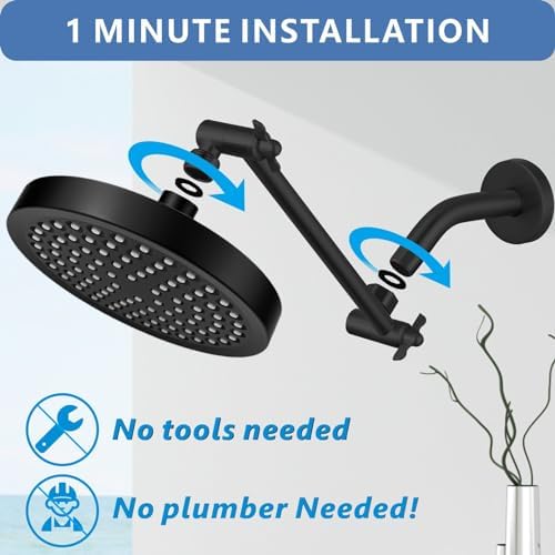 Voolan Rain Shower Head with Extension Arm - High Pressure Rainfall Showerhead - Luxury Modern Look - Comfortable Shower Experience Even at Low Water Flow (Round, Black) - Image 4