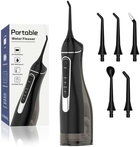 Cordless Portable Water Flosser with 300ML Tank: Rechargeable Oral Irrigator with 5 Tips for Travel, Braces Care and Sensitive Gums, IPX7 Waterproof Teeth Cleaning Device(Black) by Unknown